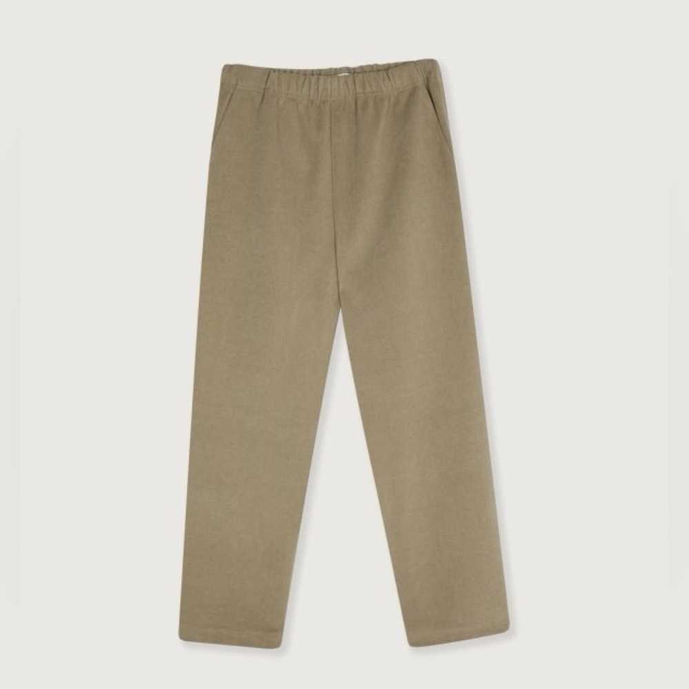 Oak + Fort beige suede-like pull-on pants with elastic waist and pockets, small
